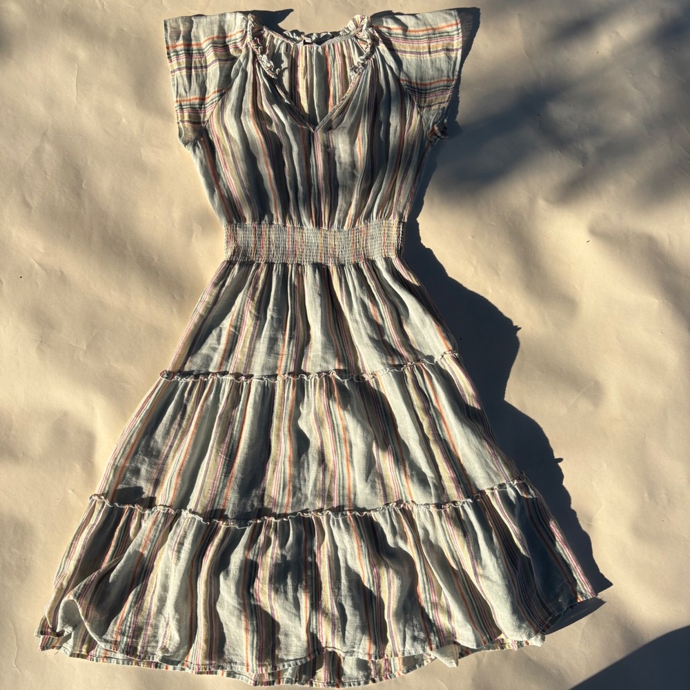 Rails Talia Striped Linen Blend Smocked Tiered Ruffle Dress Small Multicolored
